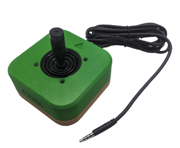 Green and brown Oak Compact Joystick with its connecting cable